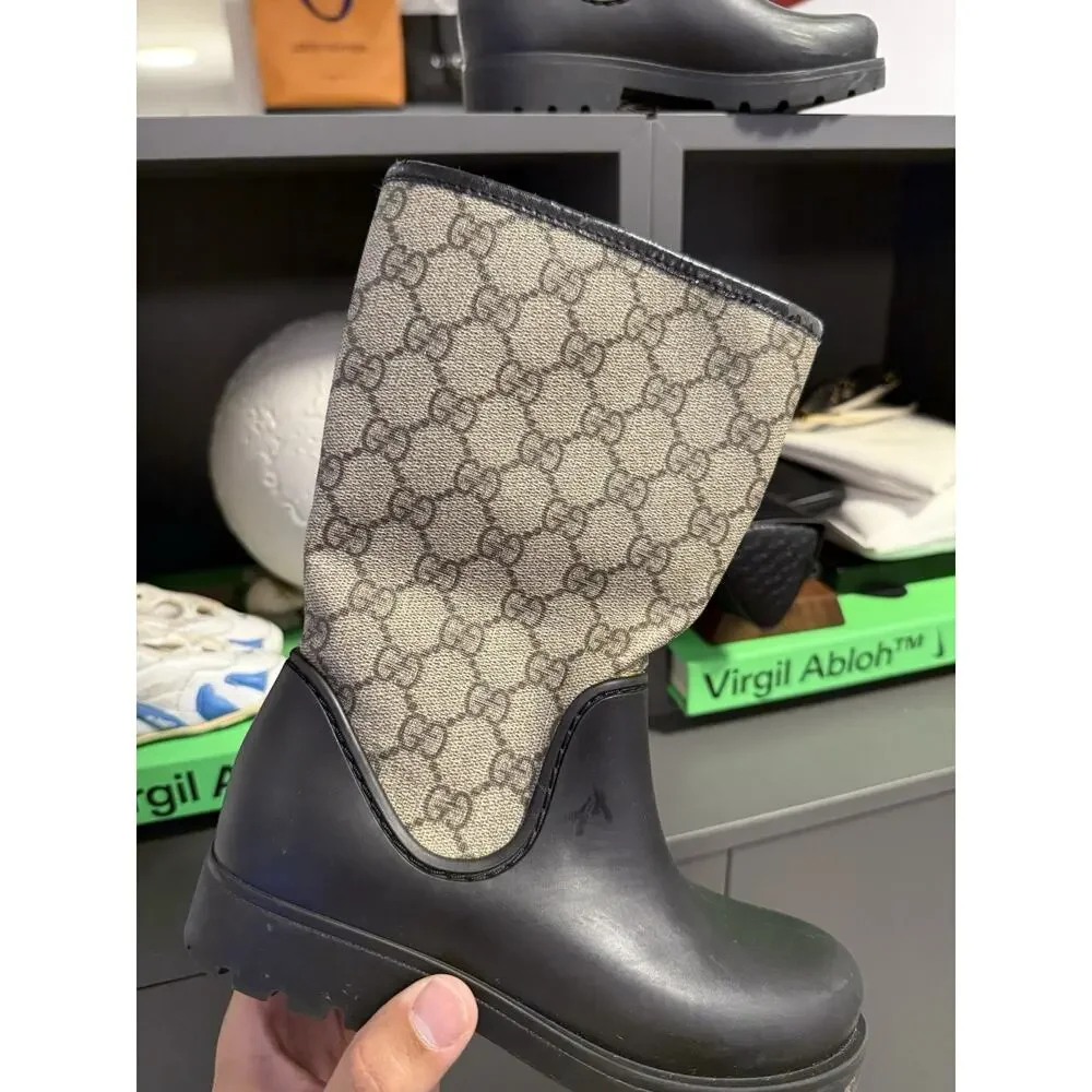 Gucci GG Supreme Monogram Rubber Rain Boots Black Beige Size 32 Italy